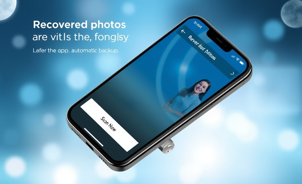 An app interface showcasing photo recovery and backup features.