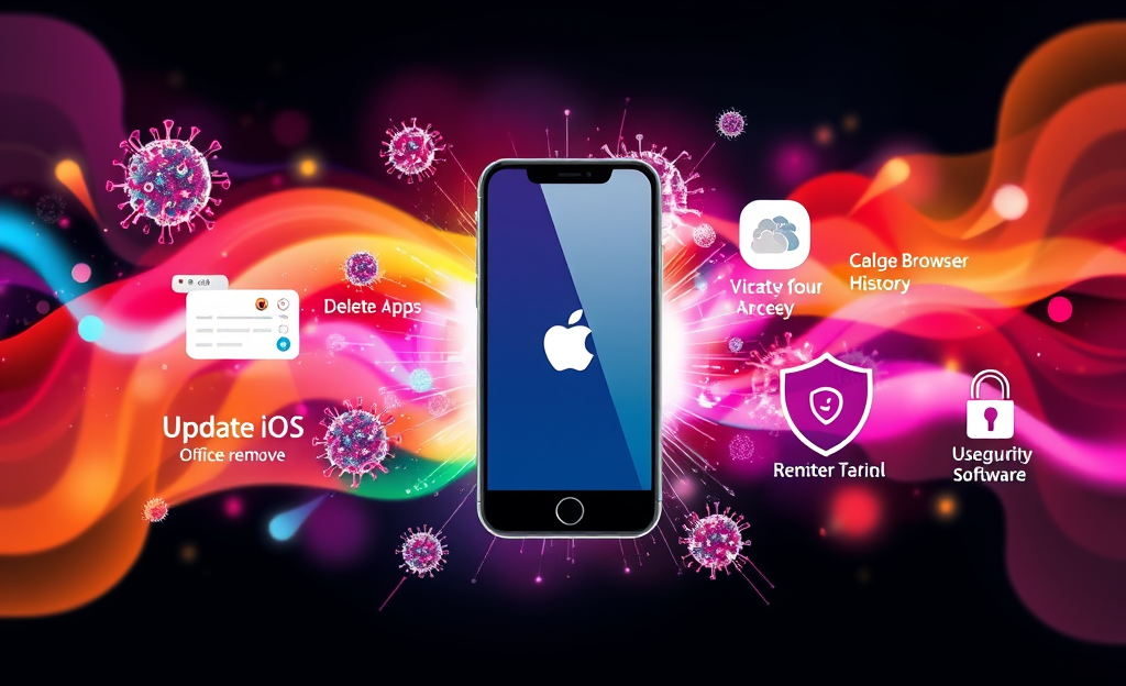 An iPhone with a digital shield representing virus protection and data safety.