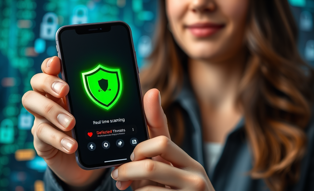 A mobile device displaying antivirus software that detects spyware, ensuring user privacy and security.