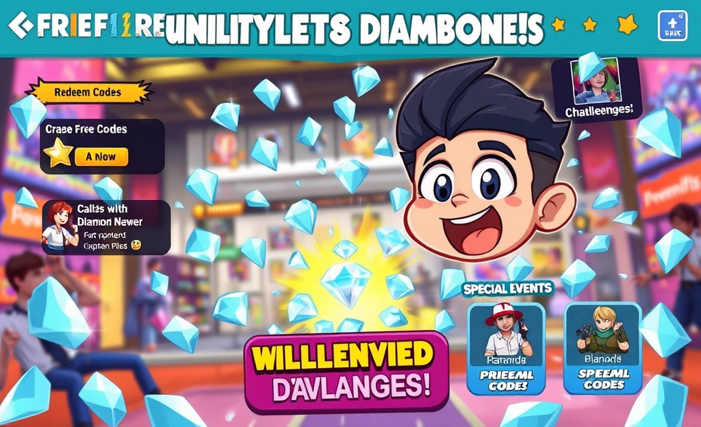 A graphic representing unlimited diamonds in Free Fire with tips on earning them.