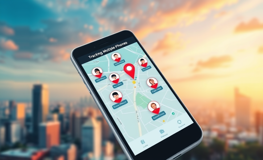 An app interface showing real-time location tracking of multiple phones.