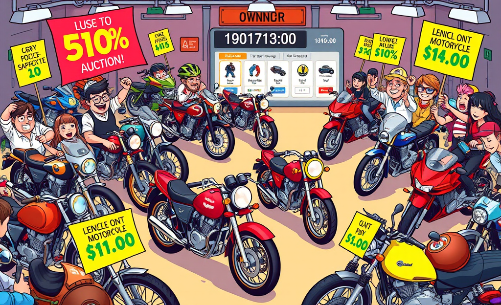 Motorcycle auction featuring a variety of bikes at discounted prices.