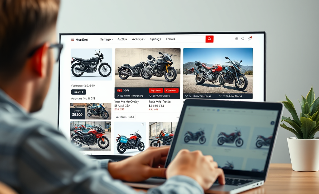 A collection of motorcycles available in an online auction, showcasing a variety of styles and price ranges.