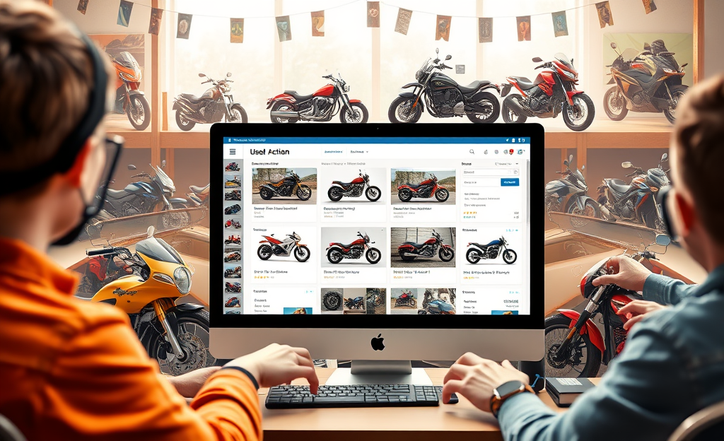 A collage of used motorcycles and cars available for auction.