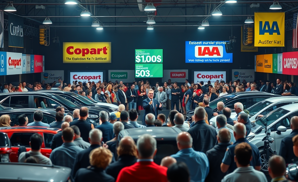 An image depicting a vibrant vehicle auction with bidders engaged in the process.