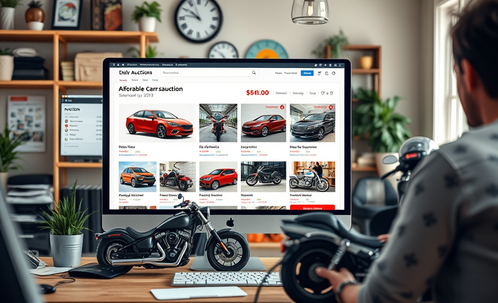 An online auction showcasing cheap cars and motorcycles available for bidding, emphasizing affordability and variety.