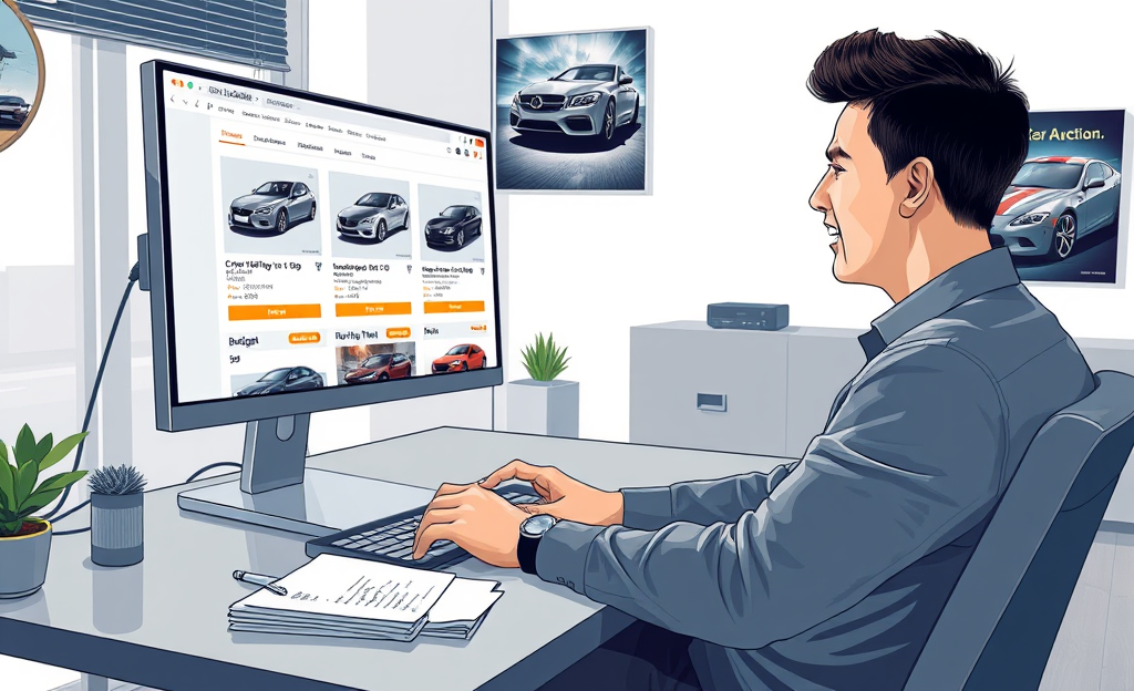 A person browsing cars online at an auction site for savings.