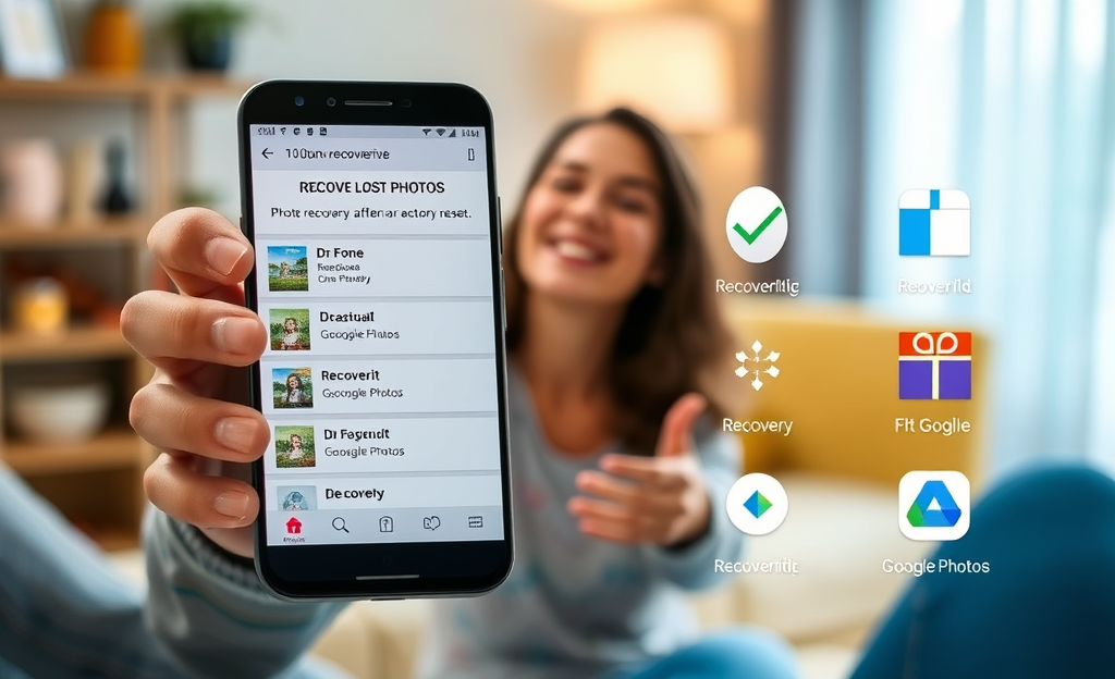 An app interface showing tips for photo recovery after a factory reset.