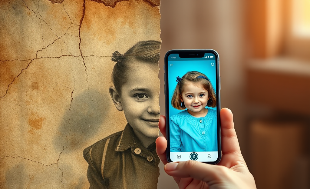 A collage of restored old photos showcasing the app's capabilities.