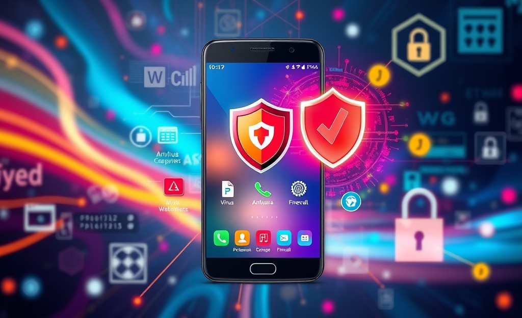 Mobile antivirus application interface showing firewall features and security alerts.