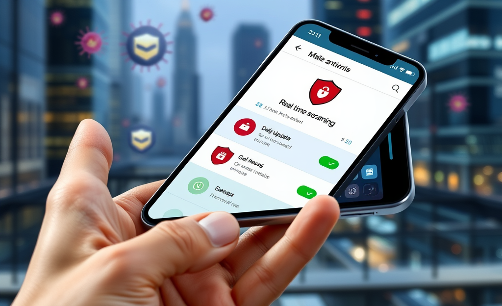 A smartphone displaying a mobile antivirus app with a visual representation of security updates.