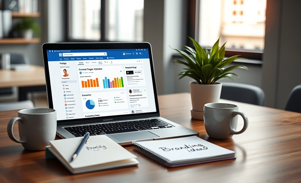 Illustration of a Facebook page optimization app interface showing analytics and scheduling features.