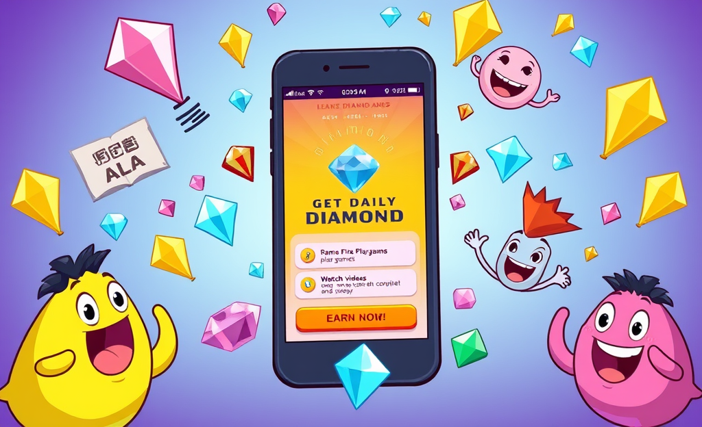 Image showing Free Fire gameplay with diamonds and apps for earning rewards