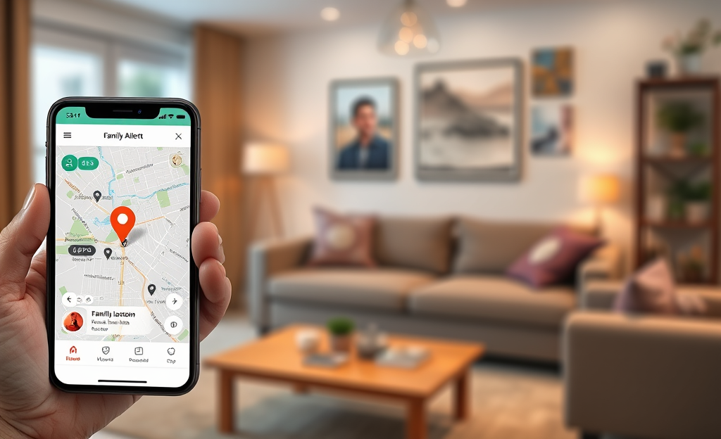 Illustration of a mobile phone tracking app interface showing GPS location and alerts.