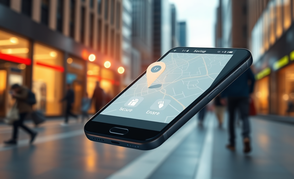 A smartphone displaying a map with a pinpoint location marker representing phone tracking functionality.