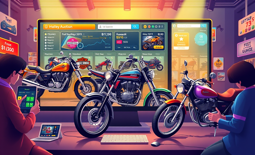 A variety of motorcycles on display for online auction.