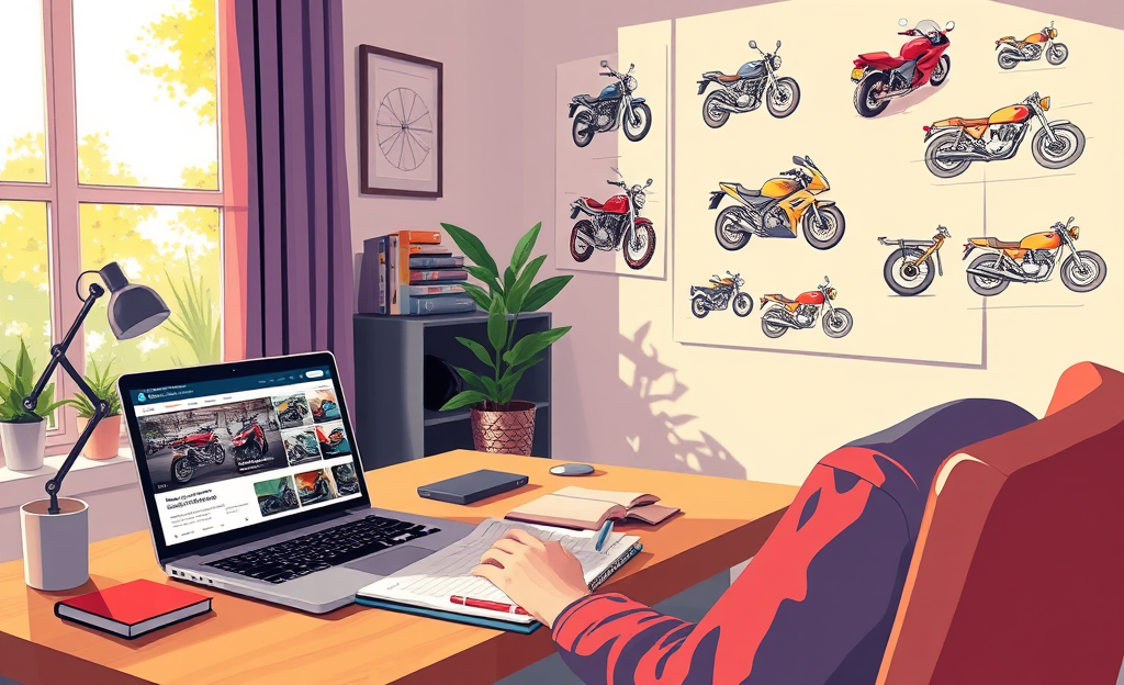 A person bidding on motorcycles at an online auction from home.