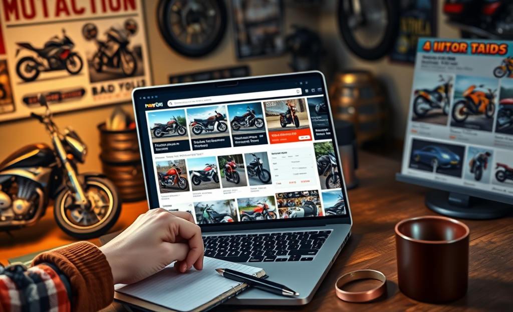 A collection of motorcycles available at an online auction, showcasing various models and styles for potential buyers.