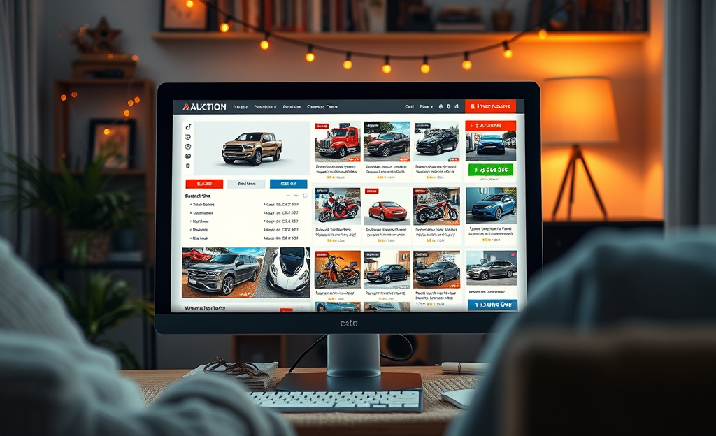 An engaging visual of an online vehicle auction showcasing various cars available for bidding.