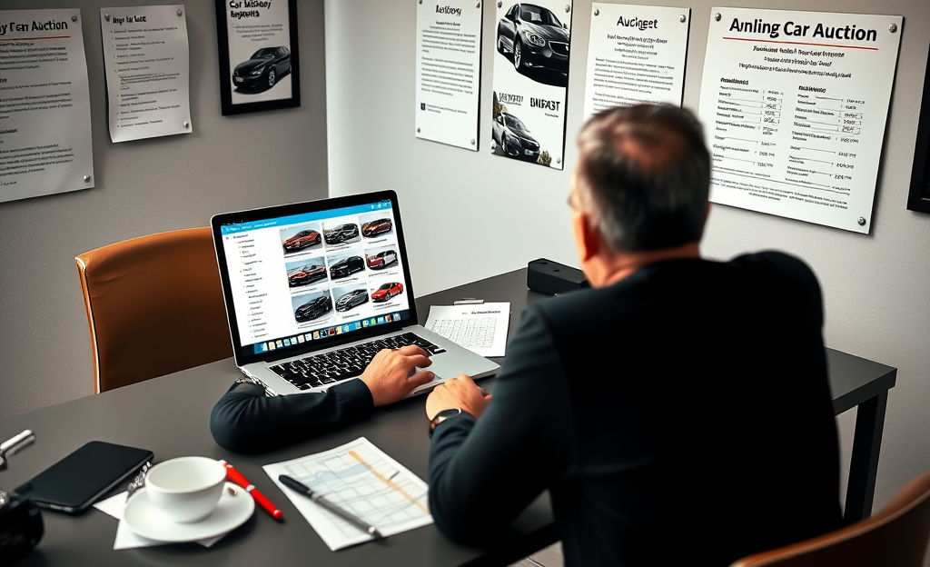 A person bidding on a car at an online auction platform, showcasing strategies for acquiring vehicles.