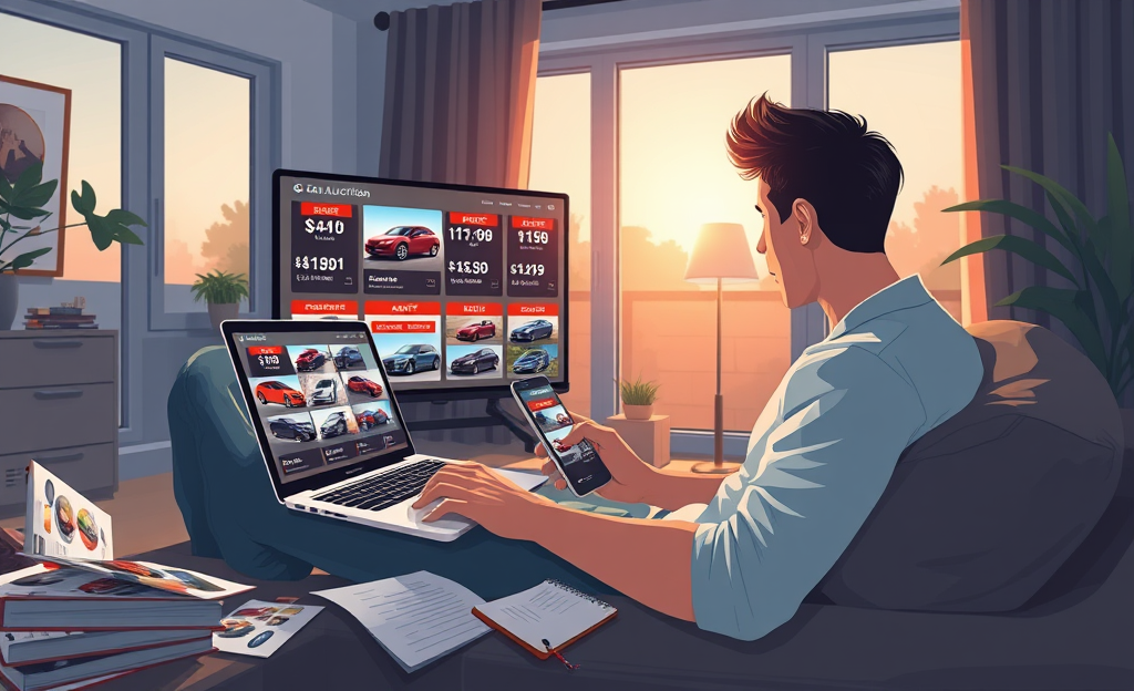 A person browsing an online car auction platform from home.