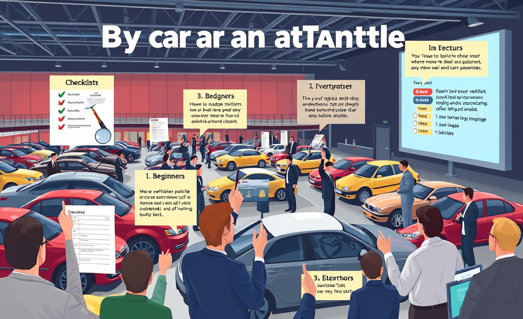 A guide showcasing tips for buying cars at auction, featuring various vehicles and an auctioneer.
