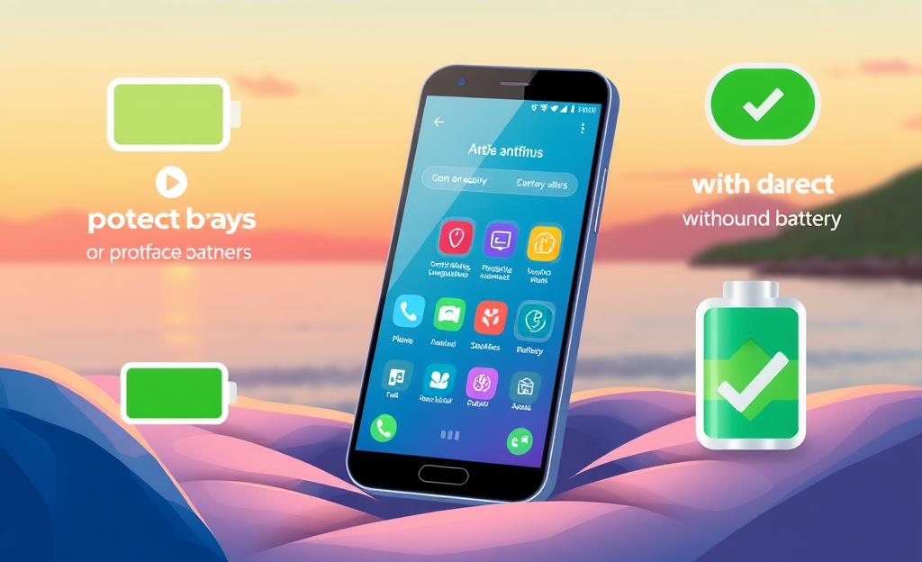 Illustration of a battery-efficient mobile antivirus app protecting a smartphone.