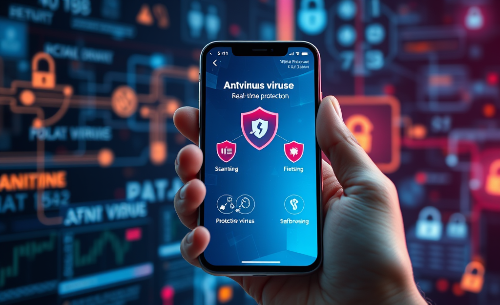 Mobile antivirus app protecting a smartphone from threats.
