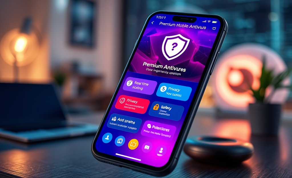A smartphone displaying the interface of a premium mobile antivirus app with scanning features.