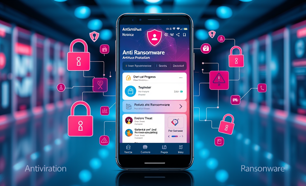 A smartphone displaying an antivirus app protecting against ransomware.