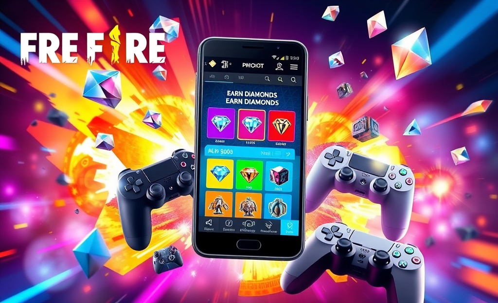 Illustration of a mobile app showcasing diamonds for Free Fire gaming enhancement.