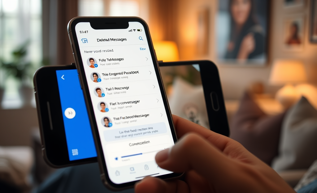 An illustration of an app interface for recovering deleted Facebook Messenger conversations.