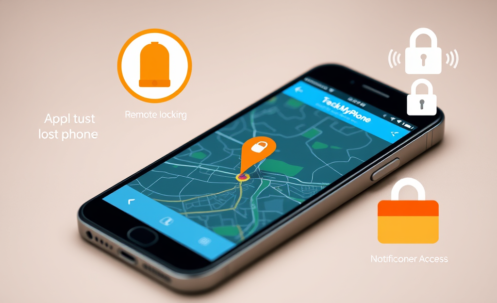 Image of a smartphone with a GPS tracking interface showing its location.
