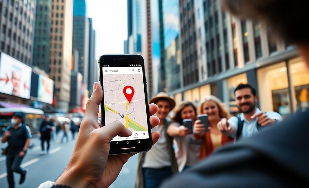 A smartphone displaying a mobile location app interface showing GPS and location tracking features.