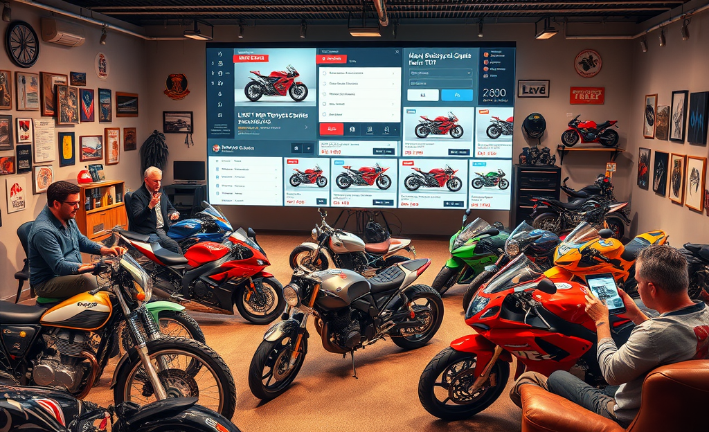 A virtual auction showcasing a variety of motorcycles for bidding.