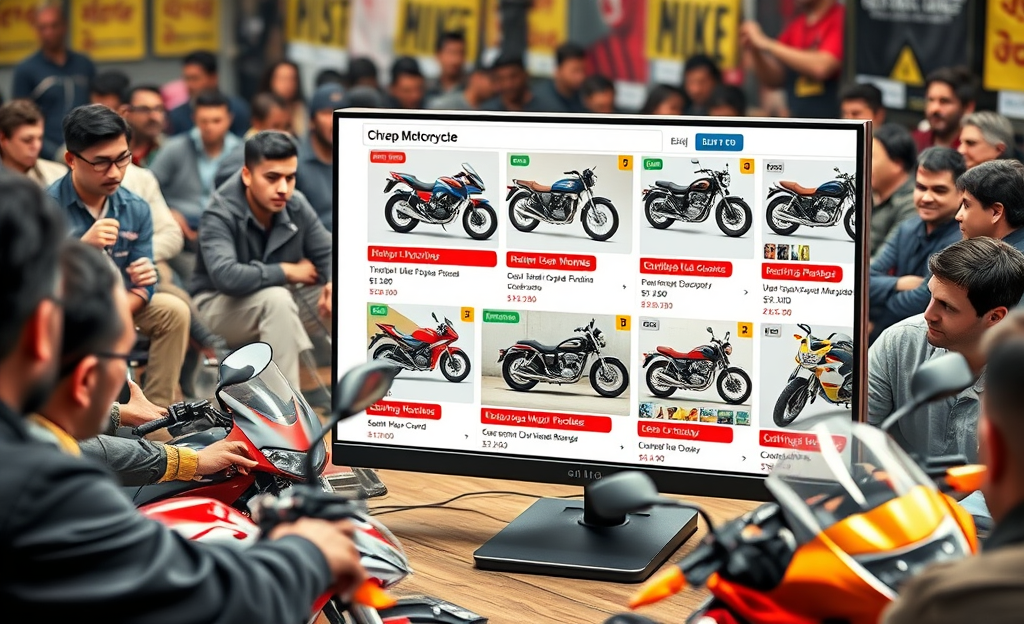 A collection of cheap motorcycles listed in an online auction setting.