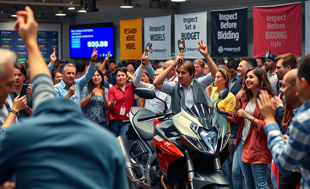 A person bidding on a motorcycle at an auction with a focus on safety.