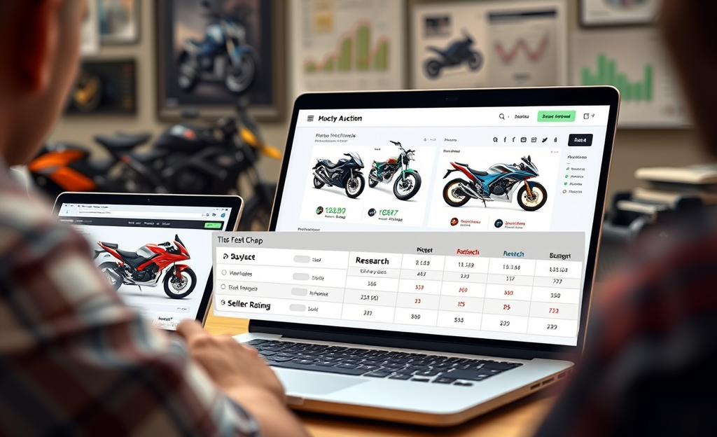 A person browsing an online motorcycle auction platform to find affordable bikes.