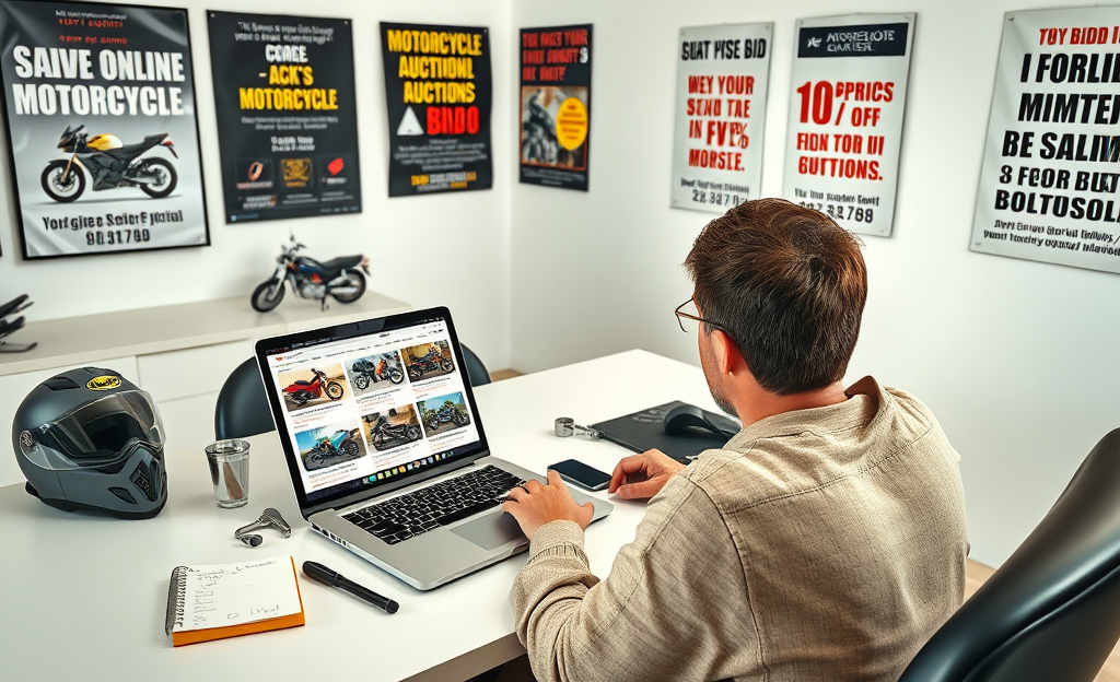 A person browsing motorcycle auction listings on a laptop.