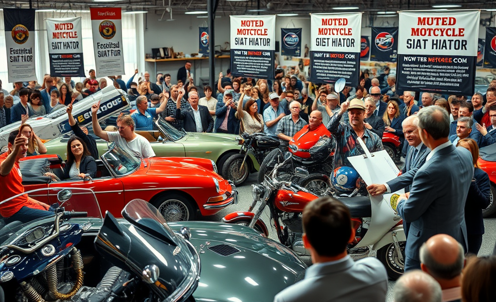 A vibrant scene from a car and motorcycle auction showcasing various vehicles ready for bidding.