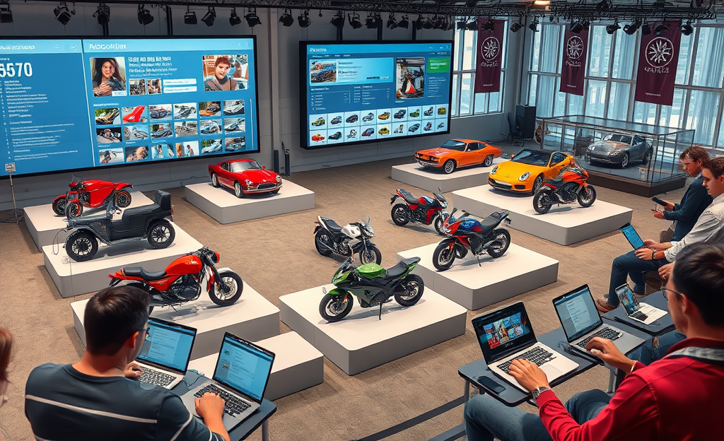 A collection of classic cars and motorcycles available in an online auction setting.