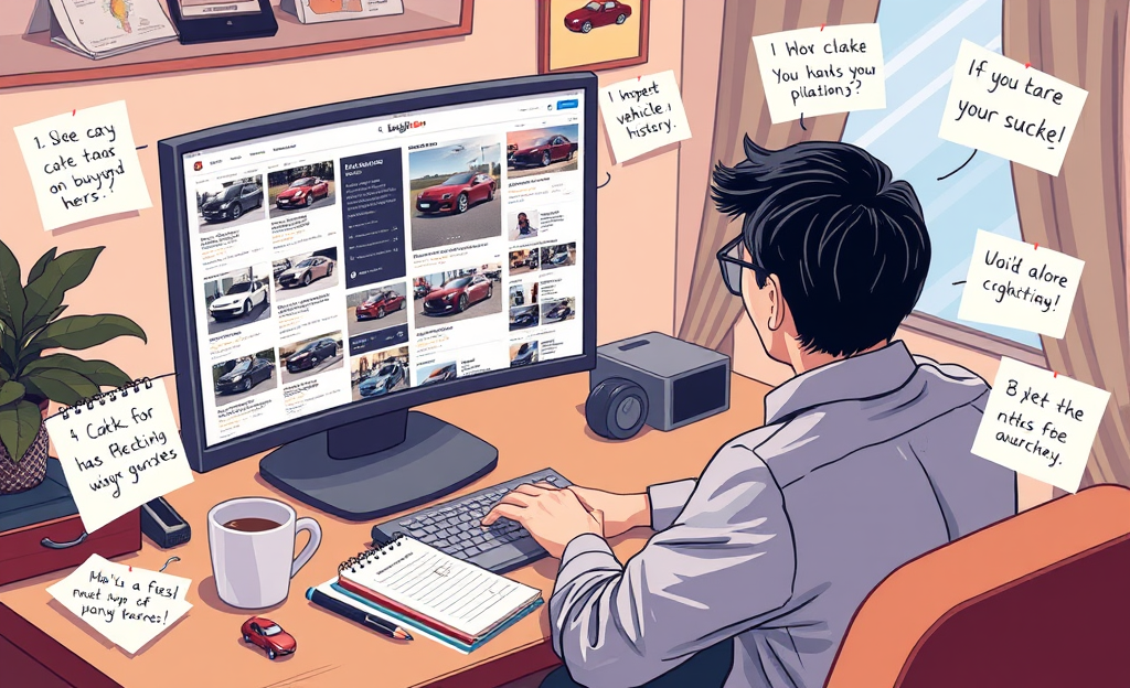 A person examining cars on a virtual auction platform with a laptop.