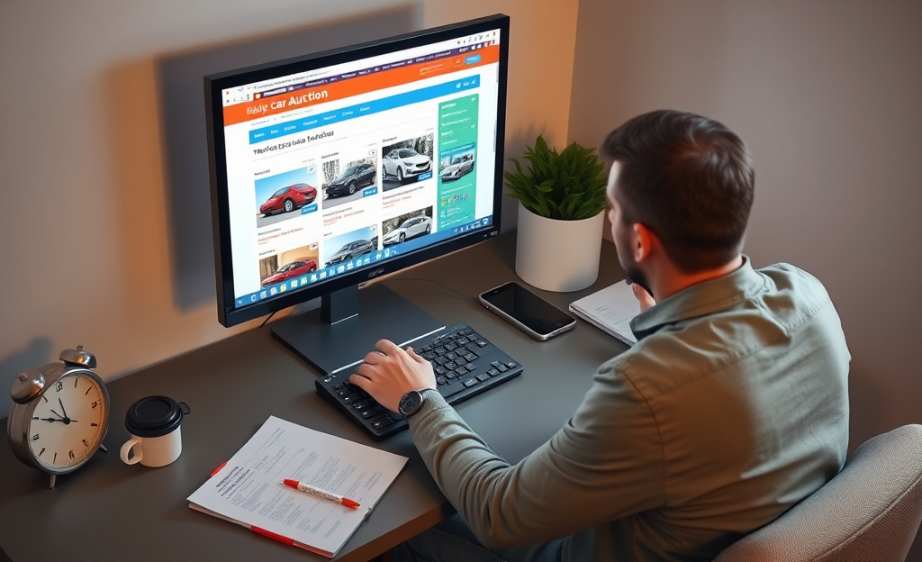 A person placing a bid on a cheap car during an online auction.