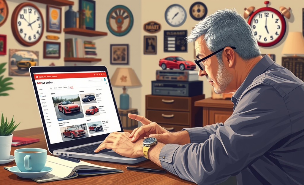 Illustration of a person participating in an online car auction with various cars displayed on a screen.