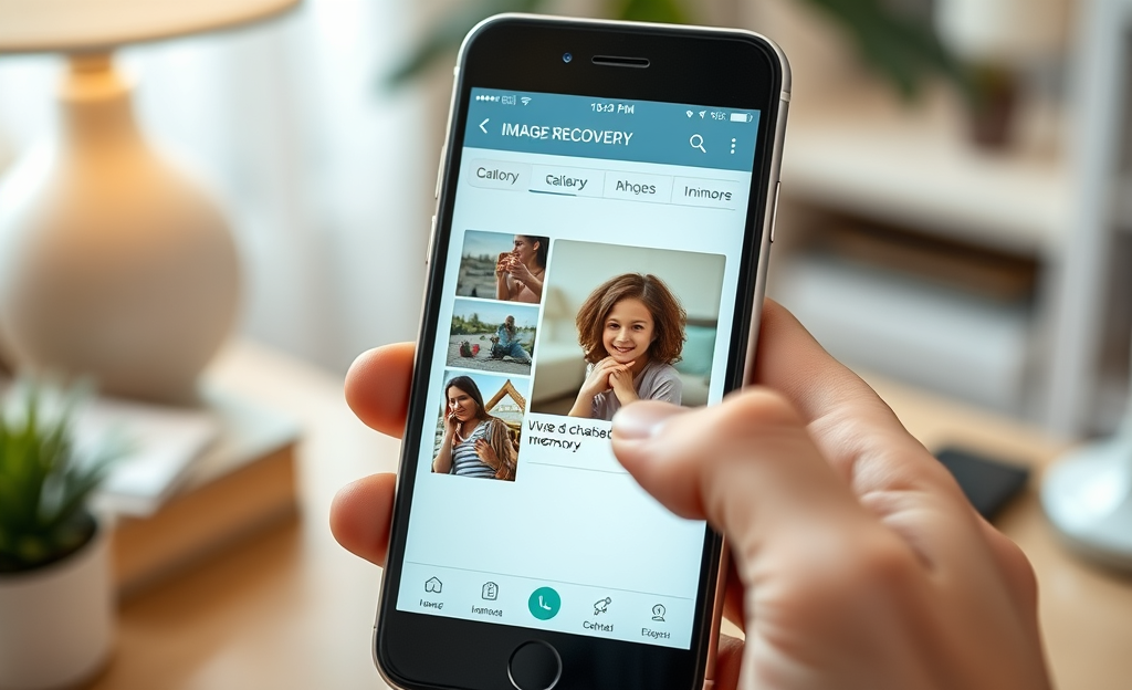 An app interface showcasing photo recovery features to restore deleted images from a gallery.