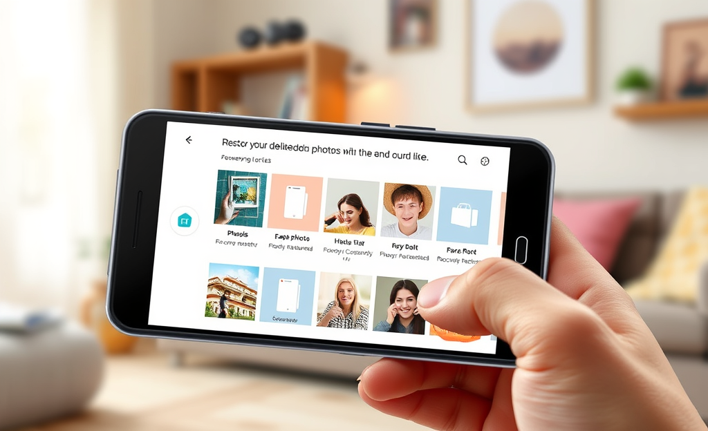 Illustration of the Practical Guide app for restoring deleted photos on Android devices.