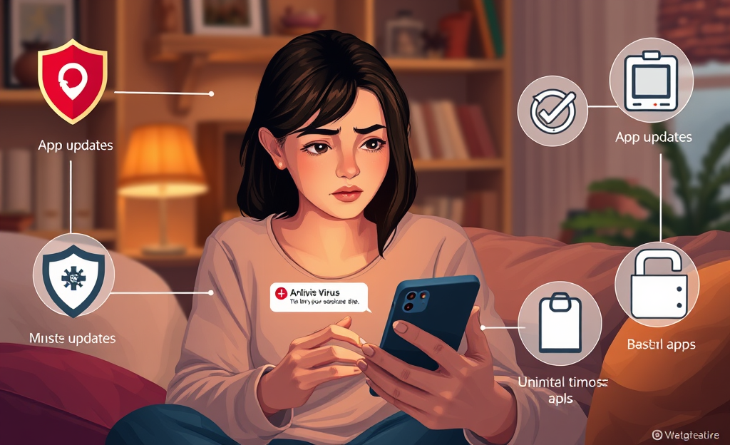 A person using a smartphone while looking concerned about a virus infection, picturing the importance of mobile security.