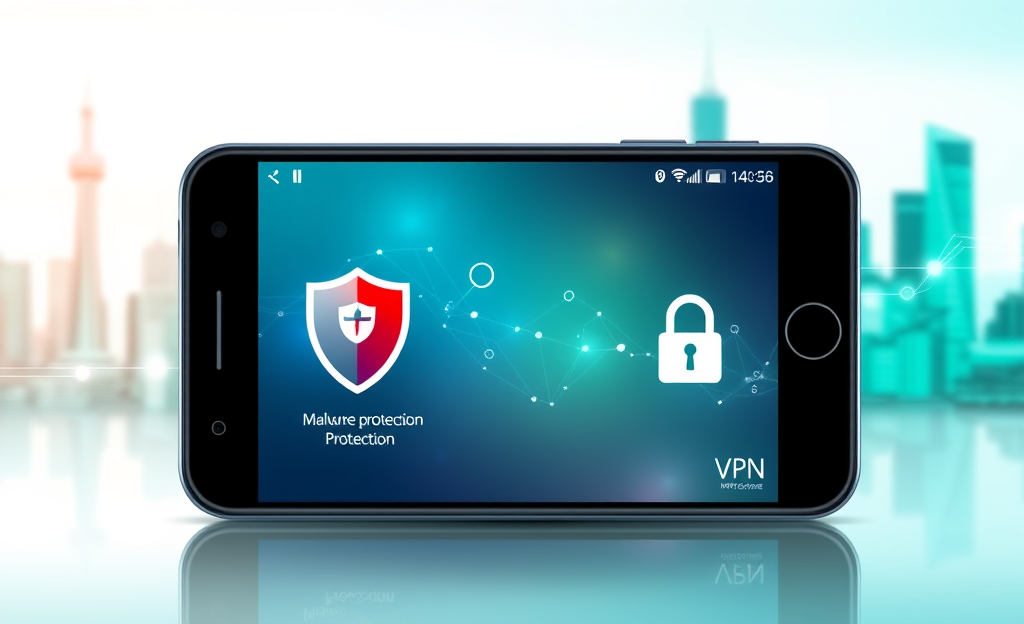 A digital representation of a mobile antivirus app showcasing its features of protecting against malware while integrating a VPN for secure browsing.