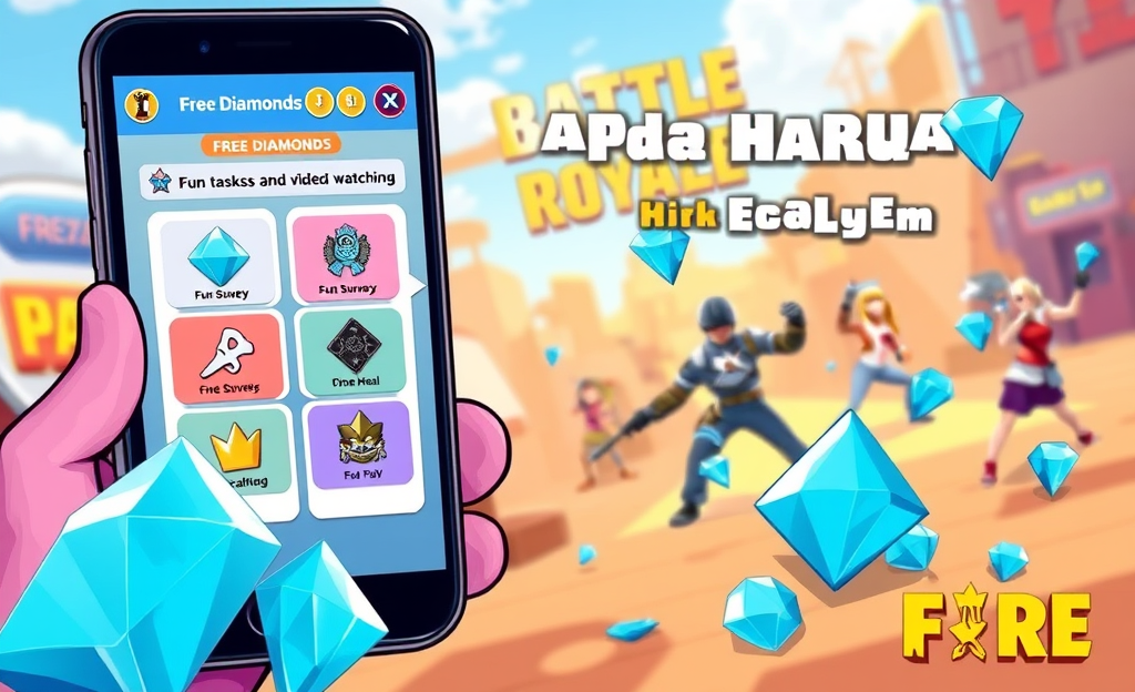 A mobile app interface showcasing features for earning diamonds in Free Fire.