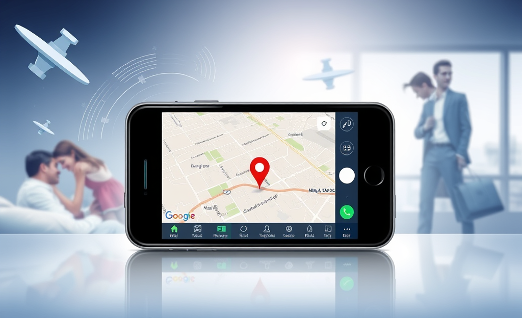 An illustration showing a smartphone with a tracking app interface displaying a map with location pins.